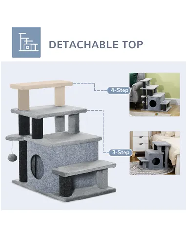 PawHut Adjustable Cat Steps, with House & Hanging Toy Ball - Grey