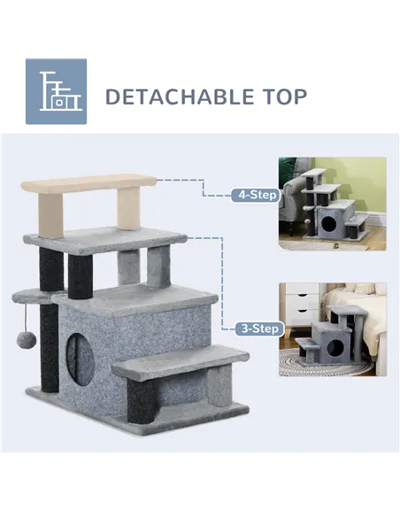 PawHut Adjustable Cat Steps, with House & Hanging Toy Ball - Grey