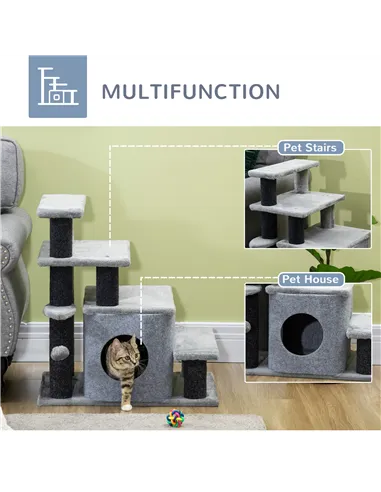 PawHut Adjustable Cat Steps, with House & Hanging Toy Ball - Grey