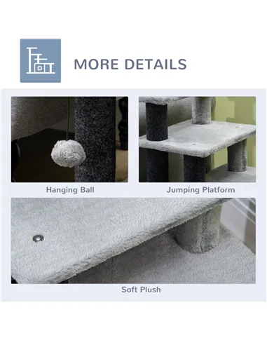 PawHut Adjustable Cat Steps, with House & Hanging Toy Ball - Grey