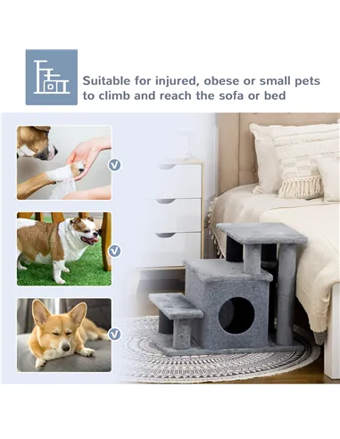 PawHut Adjustable Cat Steps, with House & Hanging Toy Ball - Grey