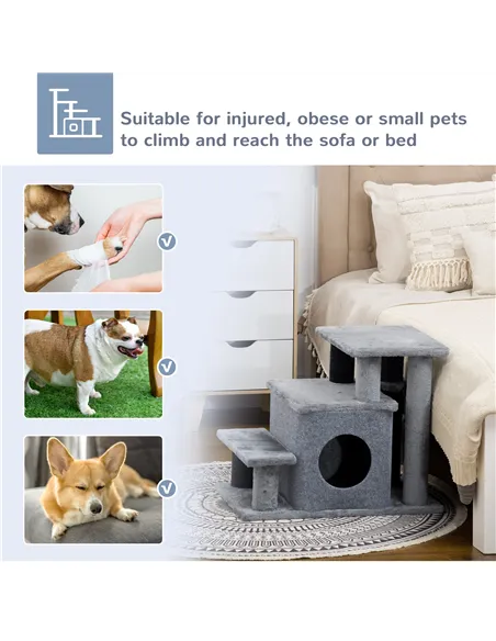PawHut Adjustable Cat Steps, with House & Hanging Toy Ball - Grey