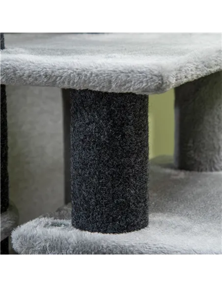 PawHut Adjustable Cat Steps, with House & Hanging Toy Ball - Grey