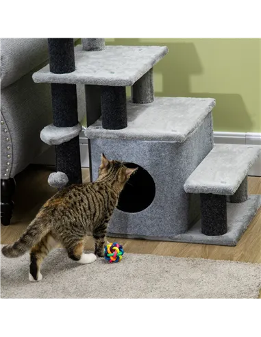 PawHut Adjustable Cat Steps, with House & Hanging Toy Ball - Grey