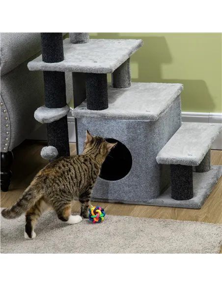 PawHut Adjustable Cat Steps, with House & Hanging Toy Ball - Grey