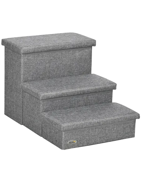 PawHut 3 Steps Pet Stairs, with Storage Boxes, for Bed, Couches - Grey