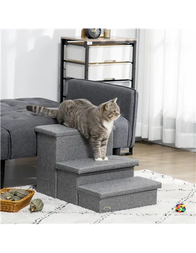 PawHut 3 Steps Pet Stairs, with Storage Boxes, for Bed, Couches - Grey