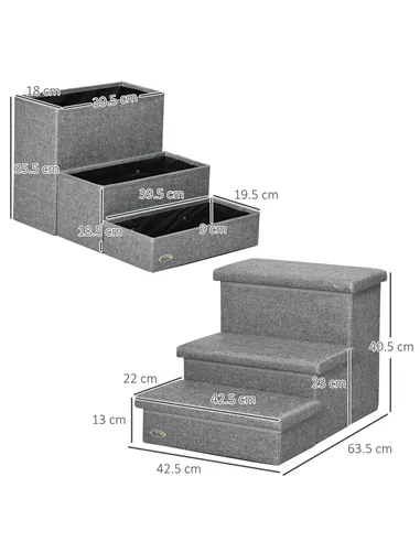 PawHut 3 Steps Pet Stairs, with Storage Boxes, for Bed, Couches - Grey