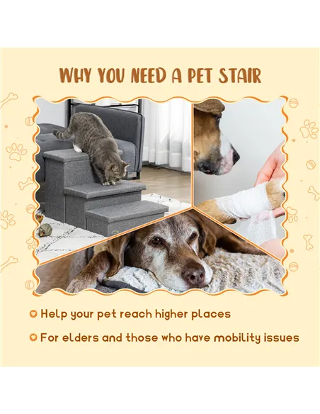 PawHut 3 Steps Pet Stairs, with Storage Boxes, for Bed, Couches - Grey