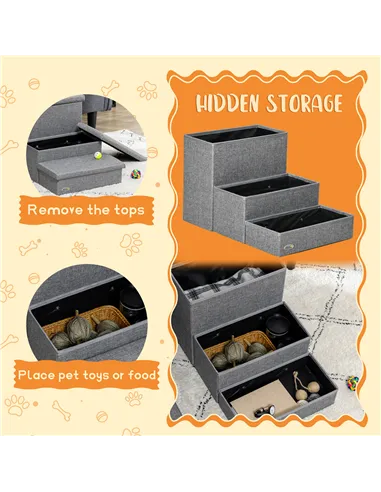 PawHut 3 Steps Pet Stairs, with Storage Boxes, for Bed, Couches - Grey