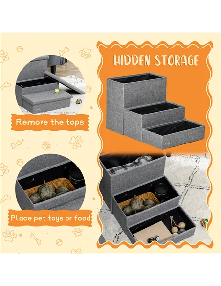 PawHut 3 Steps Pet Stairs, with Storage Boxes, for Bed, Couches - Grey