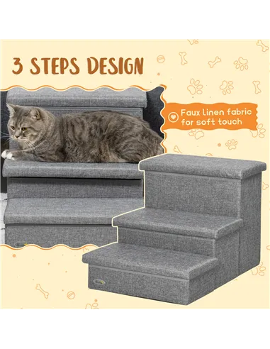 PawHut 3 Steps Pet Stairs, with Storage Boxes, for Bed, Couches - Grey