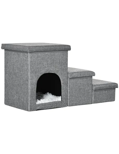 PawHut Dog Steps 3-step Pet Stairs with Kitten House and 2 Storage Boxes, 3 in 1 Dog Ramp for Sofa with Washable Plush Cushion