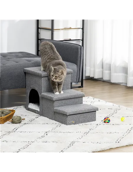 PawHut Dog Steps 3-step Pet Stairs with Kitten House and 2 Storage Boxes, 3 in 1 Dog Ramp for Sofa with Washable Plush Cushion