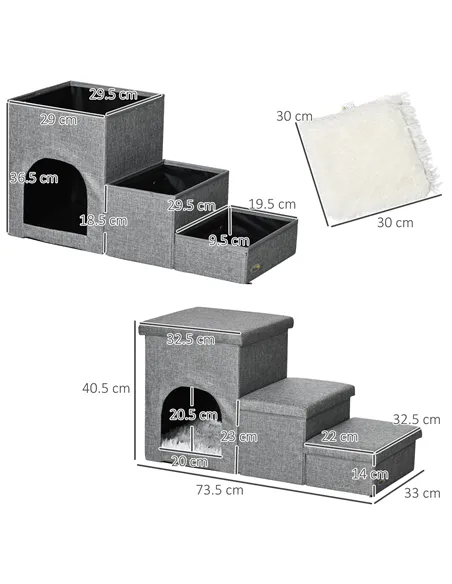 PawHut Dog Steps 3-step Pet Stairs with Kitten House and 2 Storage Boxes, 3 in 1 Dog Ramp for Sofa with Washable Plush Cushion