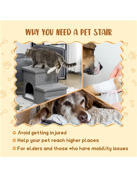 PawHut Dog Steps 3-step Pet Stairs with Kitten House and 2 Storage Boxes, 3 in 1 Dog Ramp for Sofa with Washable Plush Cushion