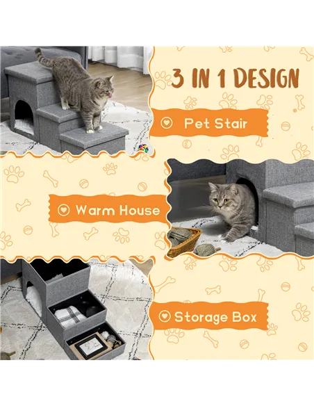 PawHut Dog Steps 3-step Pet Stairs with Kitten House and 2 Storage Boxes, 3 in 1 Dog Ramp for Sofa with Washable Plush Cushion
