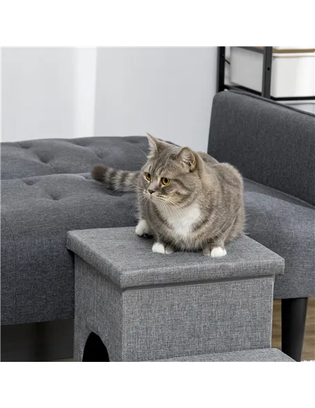 PawHut Dog Steps 3-step Pet Stairs with Kitten House and 2 Storage Boxes, 3 in 1 Dog Ramp for Sofa with Washable Plush Cushion