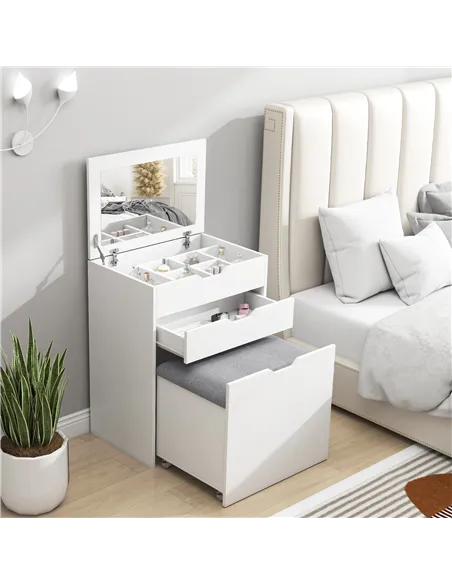 HOMCOM Dressing Table with Flip-up Mirror and Storage Stool, Vanity Table with Drawer and Hidden Compartments for Bedroom, Livin