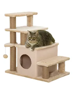 PawHut Adjustable Cat Steps, with House & Hanging Toy Ball - Beige