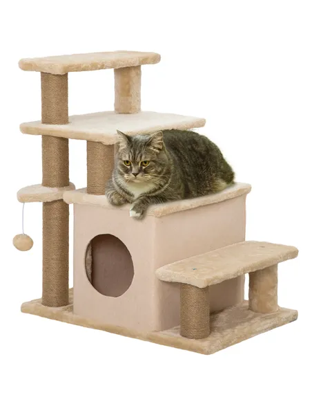 PawHut Adjustable Cat Steps, with House & Hanging Toy Ball - Beige