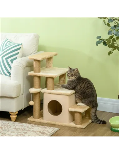 PawHut Adjustable Cat Steps, with House & Hanging Toy Ball - Beige