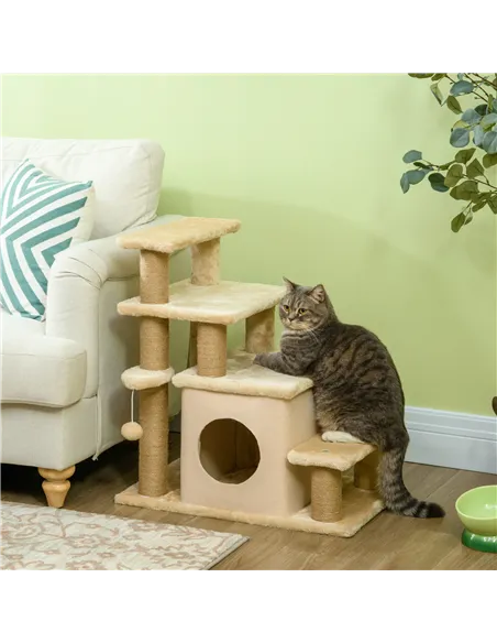 PawHut Adjustable Cat Steps, with House & Hanging Toy Ball - Beige