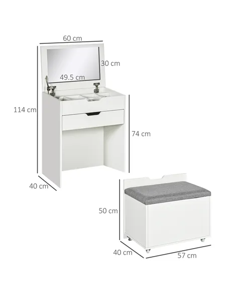 HOMCOM Dressing Table with Flip-up Mirror and Storage Stool, Vanity Table with Drawer and Hidden Compartments for Bedroom, Livin