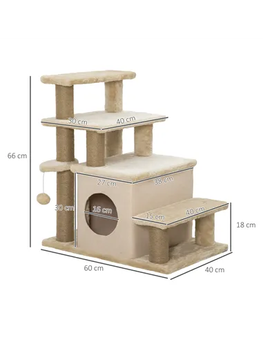 PawHut Adjustable Cat Steps, with House & Hanging Toy Ball - Beige