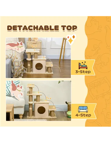 PawHut Adjustable Cat Steps, with House & Hanging Toy Ball - Beige