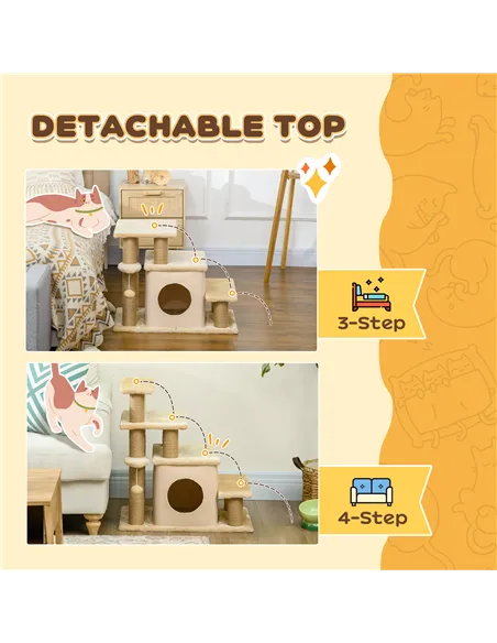 PawHut Adjustable Cat Steps, with House & Hanging Toy Ball - Beige
