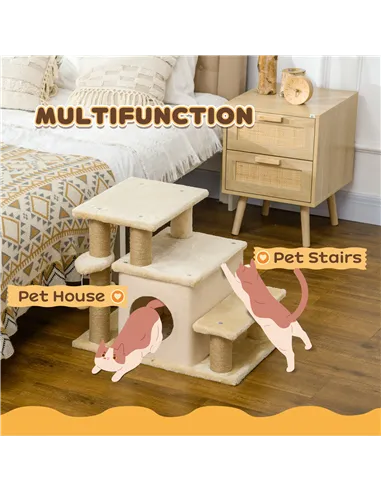 PawHut Adjustable Cat Steps, with House & Hanging Toy Ball - Beige