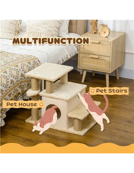 PawHut Adjustable Cat Steps, with House & Hanging Toy Ball - Beige