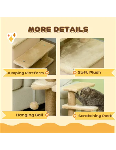 PawHut Adjustable Cat Steps, with House & Hanging Toy Ball - Beige