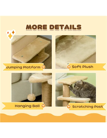 PawHut Adjustable Cat Steps, with House & Hanging Toy Ball - Beige