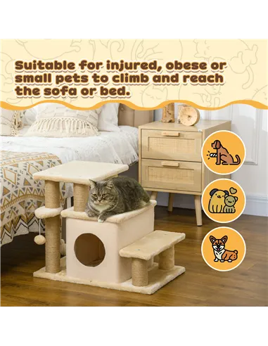 PawHut Adjustable Cat Steps, with House & Hanging Toy Ball - Beige
