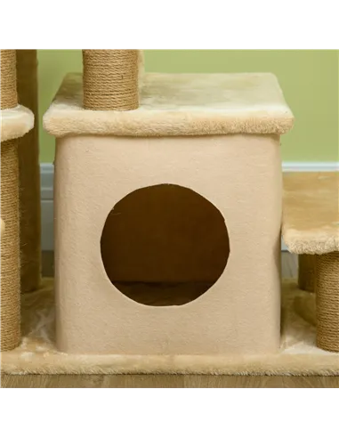 PawHut Adjustable Cat Steps, with House & Hanging Toy Ball - Beige