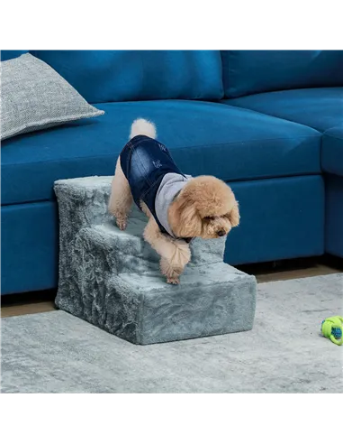 PawHut Three-Step Dog Stairs, with Washable Plush Cover, for High Bed Sofa, Dog Stairs for Small Dog and Cat - Light Grey