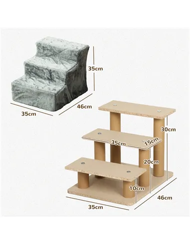 PawHut Three-Step Dog Stairs, with Washable Plush Cover, for High Bed Sofa, Dog Stairs for Small Dog and Cat - Light Grey