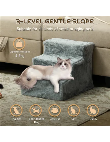 PawHut Three-Step Dog Stairs, with Washable Plush Cover, for High Bed Sofa, Dog Stairs for Small Dog and Cat - Light Grey
