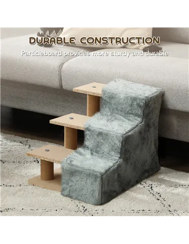 PawHut Three-Step Dog Stairs, with Washable Plush Cover, for High Bed Sofa, Dog Stairs for Small Dog and Cat - Light Grey