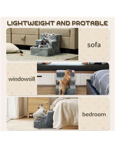 PawHut Three-Step Dog Stairs, with Washable Plush Cover, for High Bed Sofa, Dog Stairs for Small Dog and Cat - Light Grey
