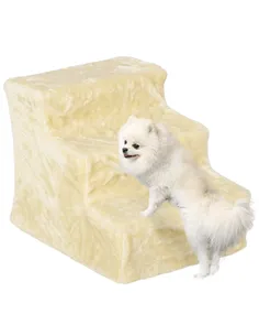 PawHut Three-Step Dog Stairs, with Washable Plush Cover, for High Bed Sofa, Dog Stairs for Small Dog and Cat - Beige