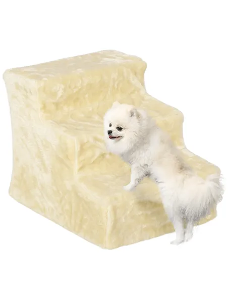 PawHut Three-Step Dog Stairs, with Washable Plush Cover, for High Bed Sofa, Dog Stairs for Small Dog and Cat - Beige