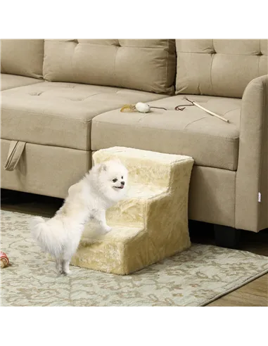 PawHut Three-Step Dog Stairs, with Washable Plush Cover, for High Bed Sofa, Dog Stairs for Small Dog and Cat - Beige