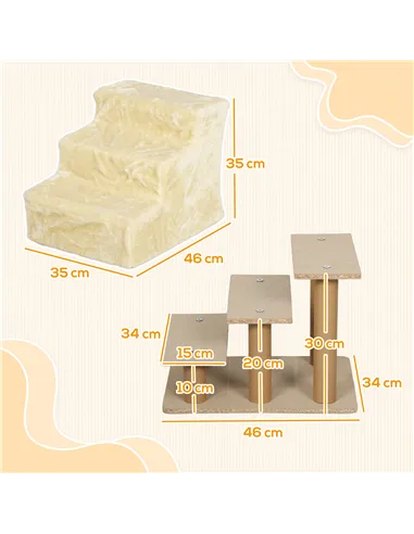 PawHut Three-Step Dog Stairs, with Washable Plush Cover, for High Bed Sofa, Dog Stairs for Small Dog and Cat - Beige