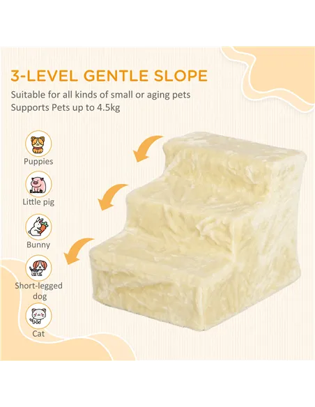 PawHut Three-Step Dog Stairs, with Washable Plush Cover, for High Bed Sofa, Dog Stairs for Small Dog and Cat - Beige