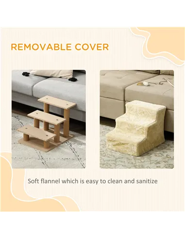 PawHut Three-Step Dog Stairs, with Washable Plush Cover, for High Bed Sofa, Dog Stairs for Small Dog and Cat - Beige