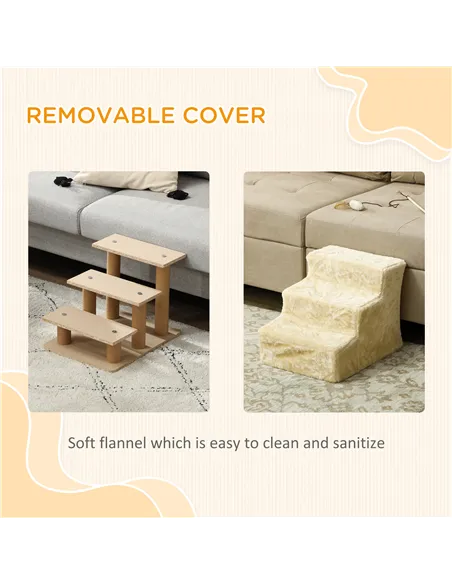 PawHut Three-Step Dog Stairs, with Washable Plush Cover, for High Bed Sofa, Dog Stairs for Small Dog and Cat - Beige