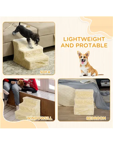 PawHut Three-Step Dog Stairs, with Washable Plush Cover, for High Bed Sofa, Dog Stairs for Small Dog and Cat - Beige